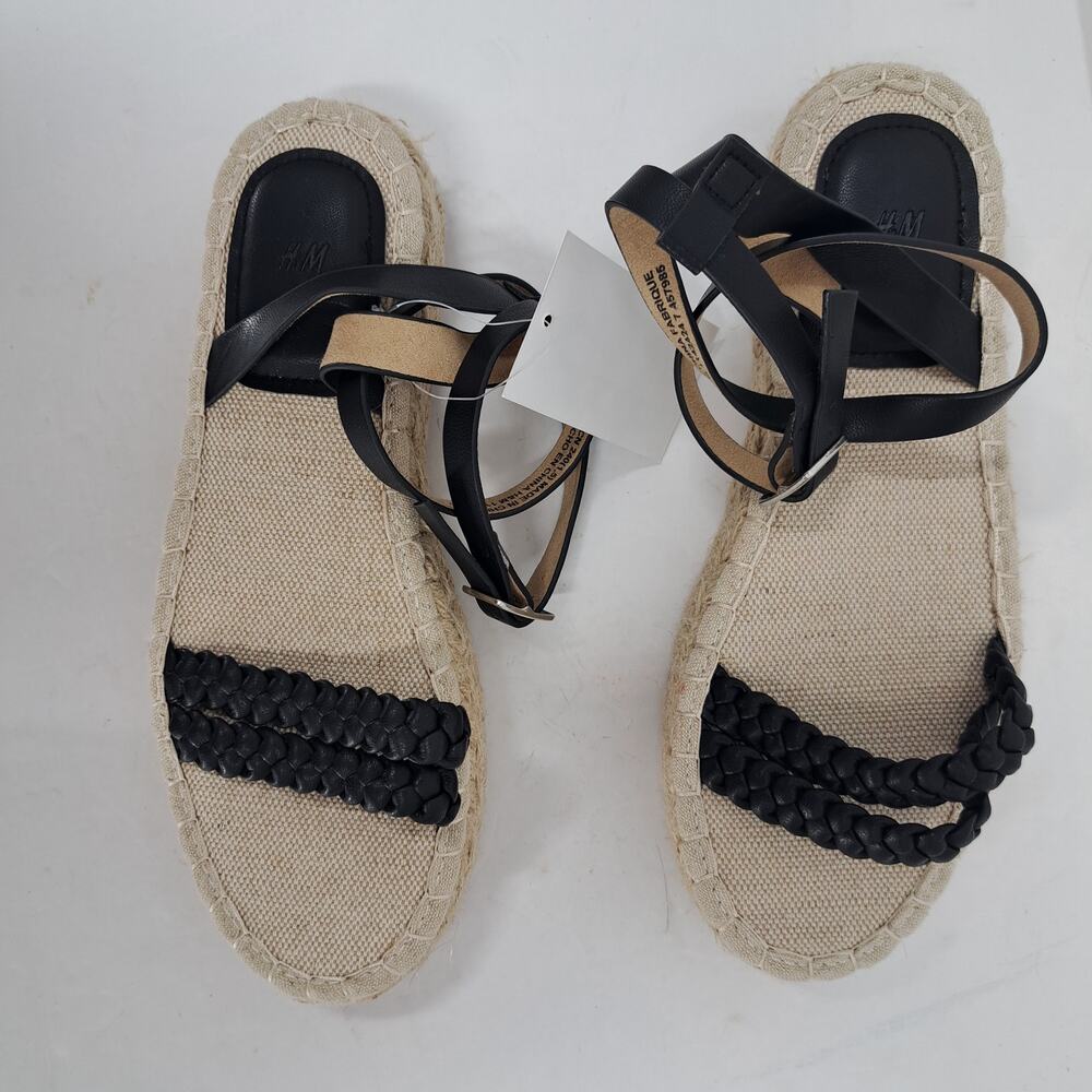 H&M Sandals 38 EU 7 US Braided Detail Espadrilles‎ Platform Ankle Strap Black - Picture 10 of 12